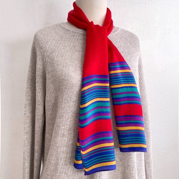 Vintage 100% Silk Shawl Scarf Semi Sheer Striped Red Blue Purple Yellow Green - Picture 1 of 7